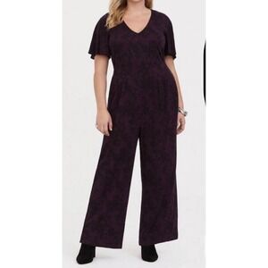 Torrid 2 Plum Floral Lace Print Flutter Sleeve Wide Leg Jumpsuit‎  2x 18 20 NWT